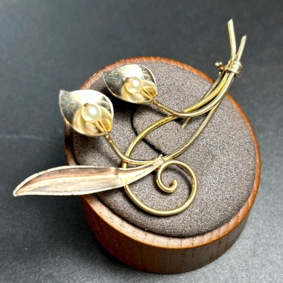 Gold Over Sterling Silver 925 Scroll Design Floral Brooch Size 2.5'' Length - Picture 1 of 10
